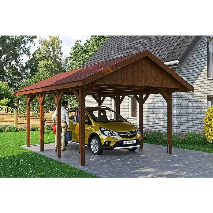 Skan Holz Carport Wallgau - L x B: 600 x 430 cm, Einfahrtshöhe: 215 cm, Nussbaum, Rote Bitumenschindeln - Stimmungsaufnahme