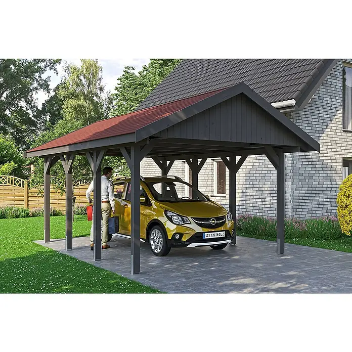 Skan Holz Carport Wallgau - L x B: 600 x 430 cm, Einfahrtshöhe: 215 cm, Schiefergrau - Stimmungsaufnahme