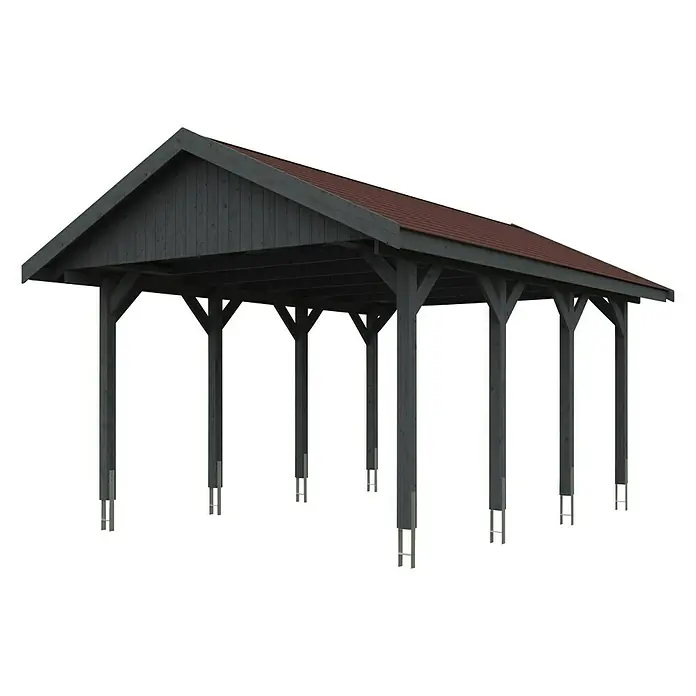 Skan Holz Carport Wallgau - L x B: 600 x 430 cm, Einfahrtshöhe: 215 cm, Schiefergrau - Diagonale Ansicht