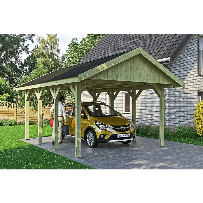 Skan Holz Carport Wallgau - L x B: 600 x 430 cm, Einfahrtshöhe: 215 cm, Farbe Dach: Schwarz - Stimmungsaufnahme