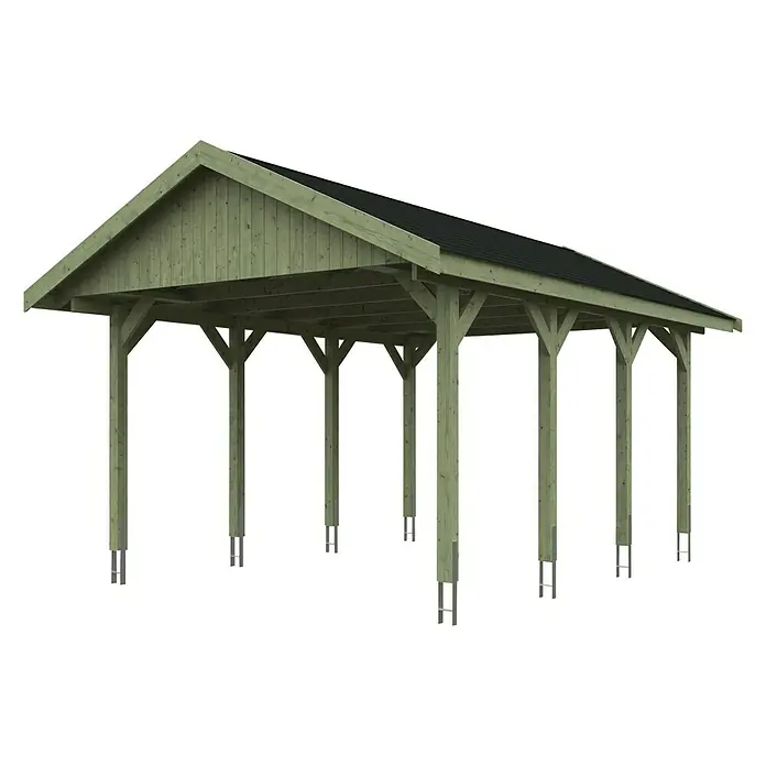 Skan Holz Carport Wallgau - L x B: 600 x 430 cm, Einfahrtshöhe: 215 cm, Farbe Dach: Schwarz - Diagonale Ansicht