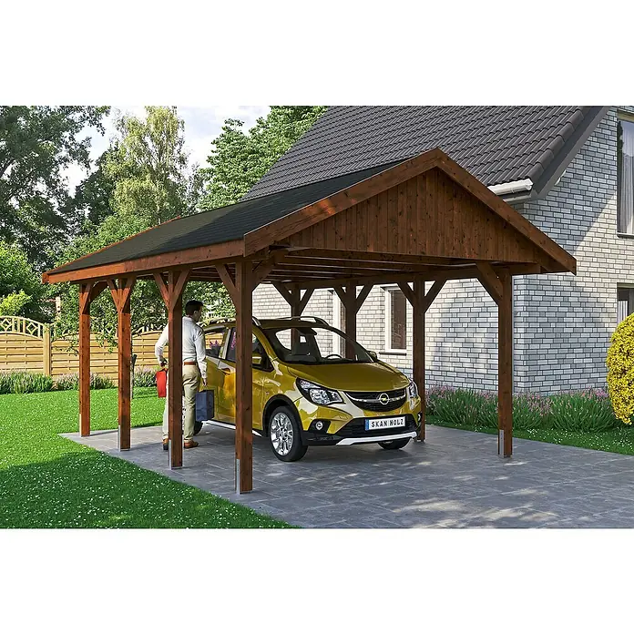Skan Holz Carport Wallgau - L x B: 600 x 430 cm, Einfahrtshöhe: 215 cm, Nussbaum - Stimmungsaufnahme