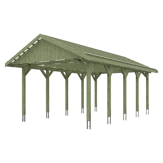 Skan Holz Carport Wallgau - L x B: 750 x 430 cm, Einfahrtshöhe: 215 cm, Grün, Dachlatten zur Eindeckung mit Dachziegeln - Diagonale Ansicht