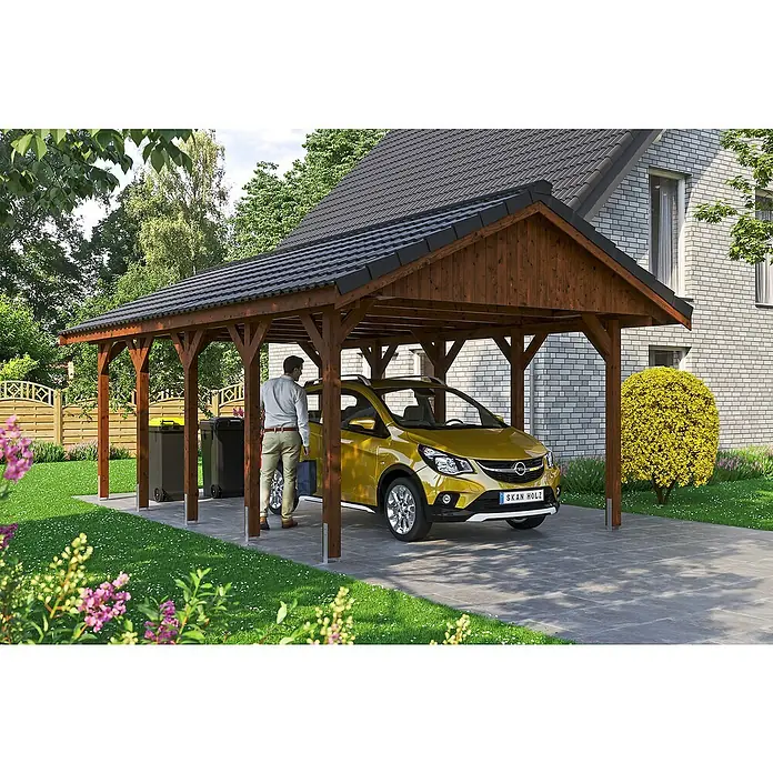 Skan Holz Carport Wallgau - L x B: 750 x 430 cm, Einfahrtshöhe: 215 cm, Nussbaum, Dachlatten zur Eindeckung mit Dachziegeln - Stimmungsaufnahme