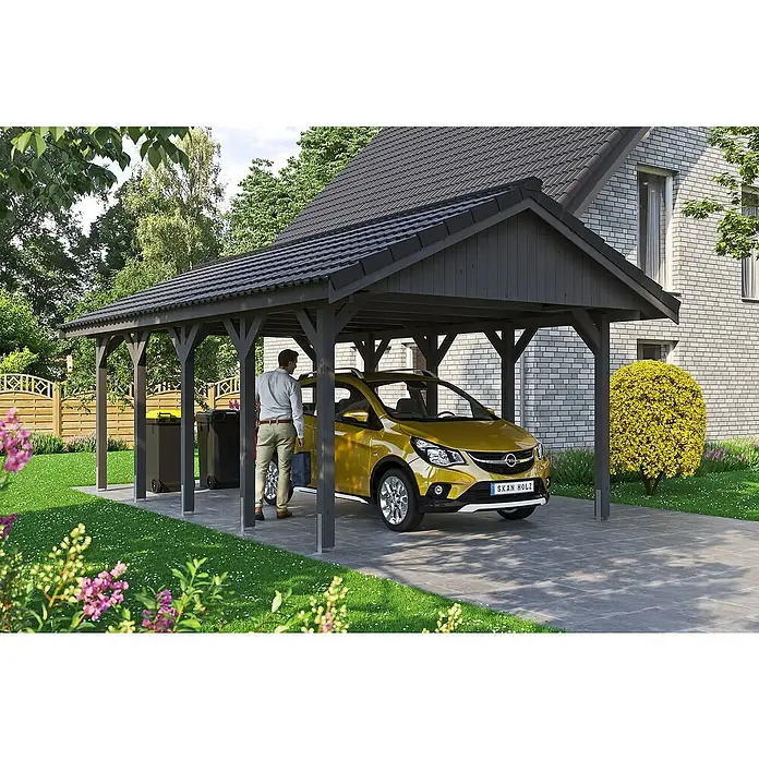 Skan Holz Carport Wallgau - L x B: 750 x 430 cm, Einfahrtshöhe: 215 cm, Schiefergrau, Dachlatten zur Eindeckung mit Dachziegeln - Stimmungsaufnahme