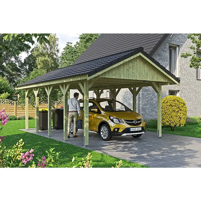 Skan Holz Carport Wallgau - L x B: 750 x 430 cm, Einfahrtshöhe: 215 cm, Grün, Dachlatten zur Eindeckung mit Dachziegeln - Stimmungsaufnahme