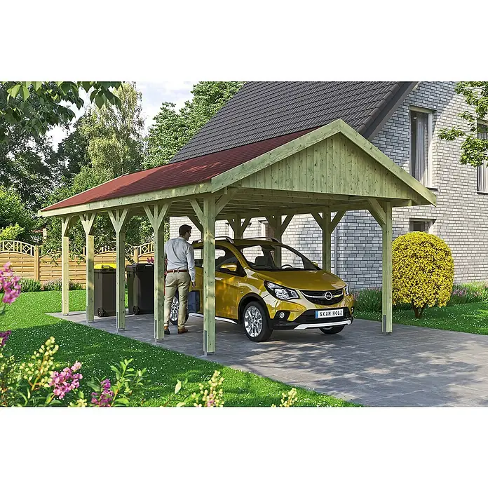 Skan Holz Carport Wallgau - L x B: 750 x 430 cm, Einfahrtshöhe: 215 cm, Farbe Dach: Rot - Stimmungsaufnahme