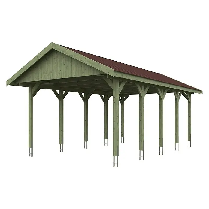 Skan Holz Carport Wallgau - L x B: 750 x 430 cm, Einfahrtshöhe: 215 cm, Farbe Dach: Rot - Diagonale Ansicht