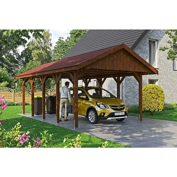 Skan Holz Carport Wallgau - L x B: 750 x 430 cm, Einfahrtshöhe: 215 cm, Nussbaum, Rote Bitumenschindeln - Stimmungsaufnahme