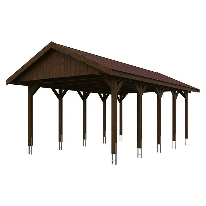 Skan Holz Carport Wallgau - L x B: 750 x 430 cm, Einfahrtshöhe: 215 cm, Nussbaum, Rote Bitumenschindeln - Diagonale Ansicht