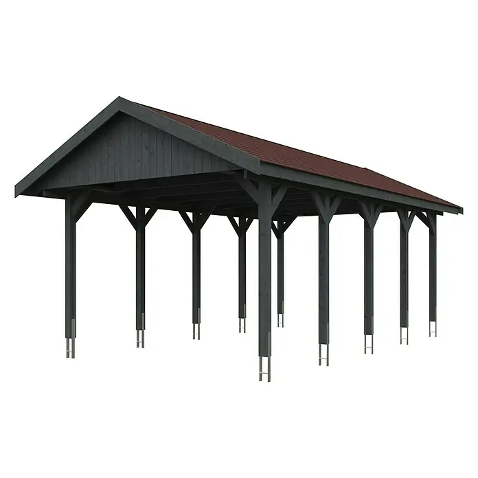 Skan Holz Carport Wallgau - L x B: 750 x 430 cm, Einfahrtshöhe: 215 cm, Schiefergrau - Diagonale Ansicht