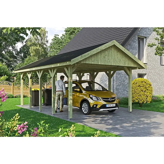 Skan Holz Carport Wallgau - L x B: 750 x 430 cm, Einfahrtshöhe: 215 cm, Farbe Dach: Schwarz - Stimmungsaufnahme
