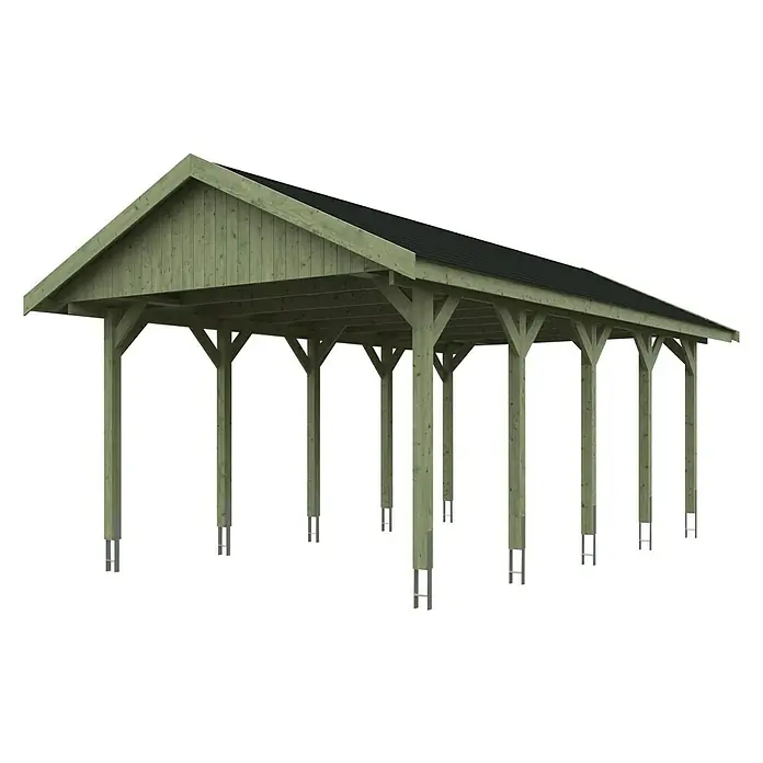 Skan Holz Carport Wallgau - L x B: 750 x 430 cm, Einfahrtshöhe: 215 cm, Farbe Dach: Schwarz - Diagonale Ansicht