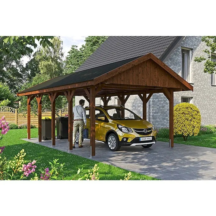 Skan Holz Carport Wallgau - L x B: 750 x 430 cm, Einfahrtshöhe: 215 cm, Nussbaum - Stimmungsaufnahme