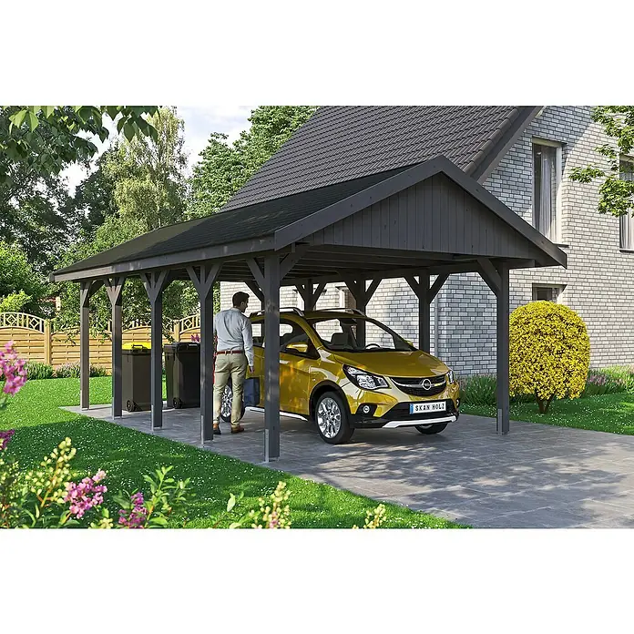 Skan Holz Carport Wallgau - L x B: 750 x 430 cm, Einfahrtshöhe: 215 cm, Schiefergrau, Schwarze Bitumenschindeln - Stimmungsaufnahme