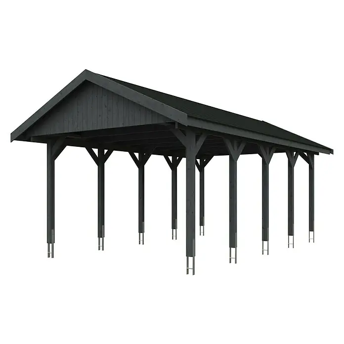 Skan Holz Carport Wallgau - L x B: 750 x 430 cm, Einfahrtshöhe: 215 cm, Schiefergrau, Schwarze Bitumenschindeln - Diagonale Ansicht