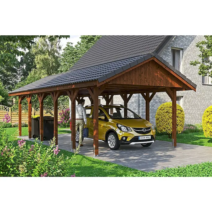 Skan Holz Carport Wallgau - L x B: 900 x 430 cm, Einfahrtshöhe: 215 cm, Nussbaum, Dachlatten zur Eindeckung mit Dachziegeln - Stimmungsaufnahme