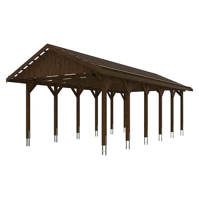 Skan Holz Carport Wallgau - L x B: 900 x 430 cm, Einfahrtshöhe: 215 cm, Nussbaum, Dachlatten zur Eindeckung mit Dachziegeln - Diagonale Ansicht