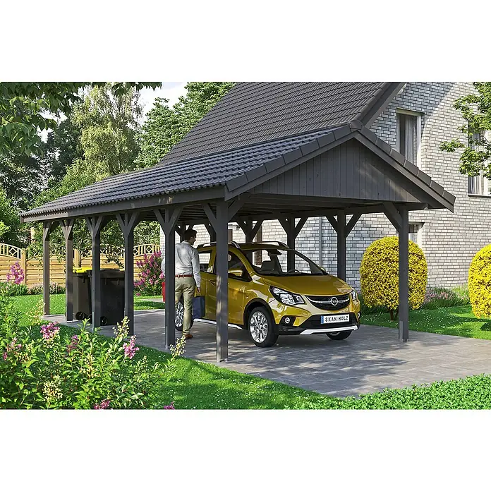 Skan Holz Carport Wallgau - L x B: 900 x 430 cm, Einfahrtshöhe: 215 cm, Schiefergrau, Dachlatten zur Eindeckung mit Dachziegeln - Stimmungsaufnahme