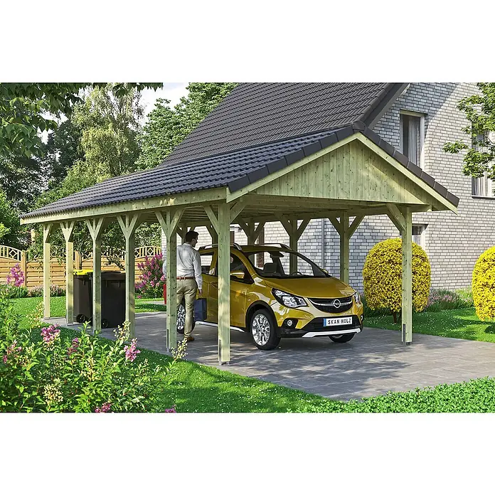 Skan Holz Carport Wallgau - L x B: 900 x 430 cm, Einfahrtshöhe: 215 cm, Grün, Dachlatten zur Eindeckung mit Dachziegeln - Stimmungsaufnahme