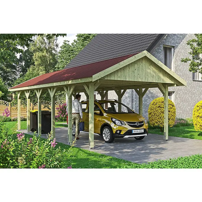 Skan Holz Carport Wallgau - L x B: 900 x 430 cm, Einfahrtshöhe: 215 cm, Farbe Dach: Rot - Stimmungsaufnahme