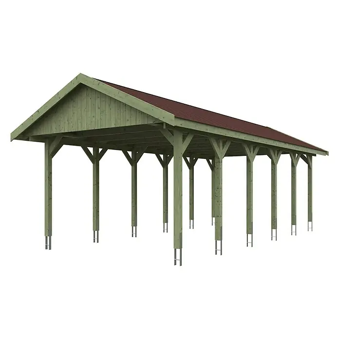 Skan Holz Carport Wallgau - L x B: 900 x 430 cm, Einfahrtshöhe: 215 cm, Farbe Dach: Rot - Diagonale Ansicht
