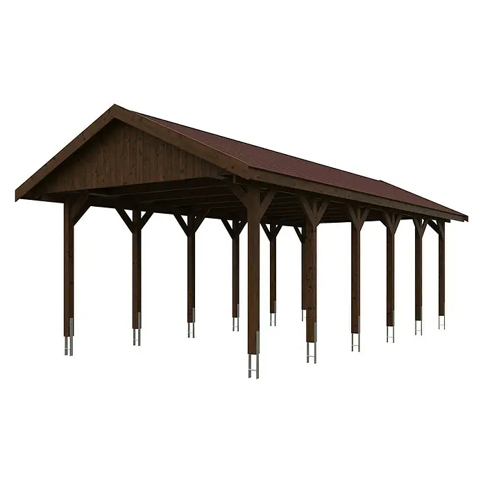 Skan Holz Carport Wallgau - L x B: 900 x 430 cm, Einfahrtshöhe: 215 cm, Nussbaum, Rote Bitumenschindeln - Diagonale Ansicht