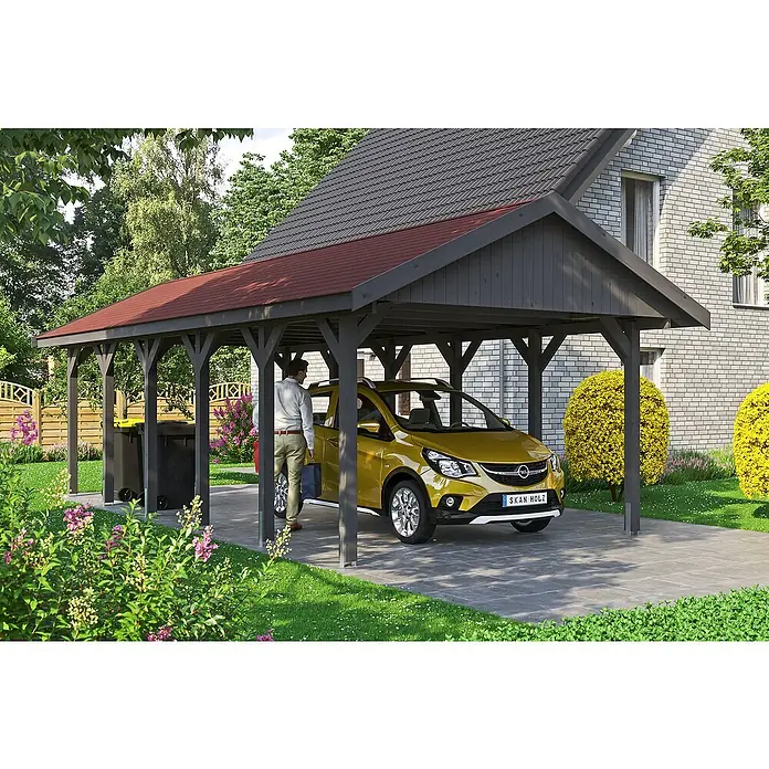 Skan Holz Carport Wallgau - L x B: 900 x 430 cm, Einfahrtshöhe: 215 cm, Schiefergrau - Stimmungsaufnahme