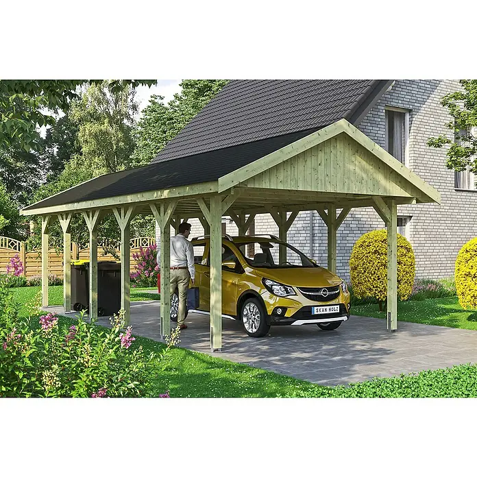 Skan Holz Carport Wallgau - L x B: 900 x 430 cm, Einfahrtshöhe: 215 cm, Farbe Dach: Schwarz - Stimmungsaufnahme
