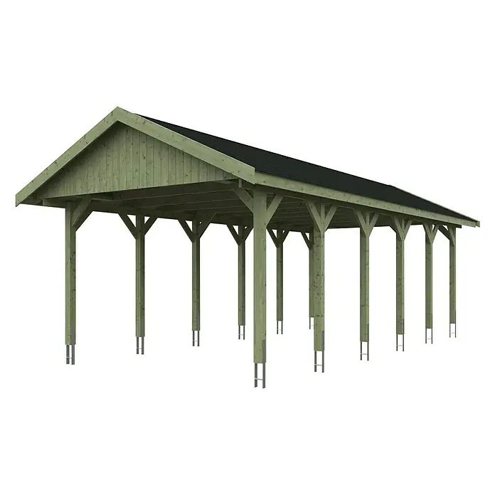 Skan Holz Carport Wallgau - L x B: 900 x 430 cm, Einfahrtshöhe: 215 cm, Farbe Dach: Schwarz - Diagonale Ansicht