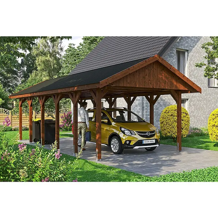 Skan Holz Carport Wallgau - L x B: 900 x 430 cm, Einfahrtshöhe: 215 cm, Nussbaum, Schwarze Bitumenschindeln - Stimmungsaufnahme
