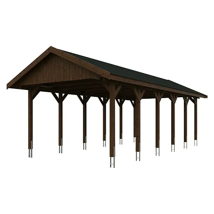 Skan Holz Carport Wallgau - L x B: 900 x 430 cm, Einfahrtshöhe: 215 cm, Nussbaum, Schwarze Bitumenschindeln - Diagonale Ansicht