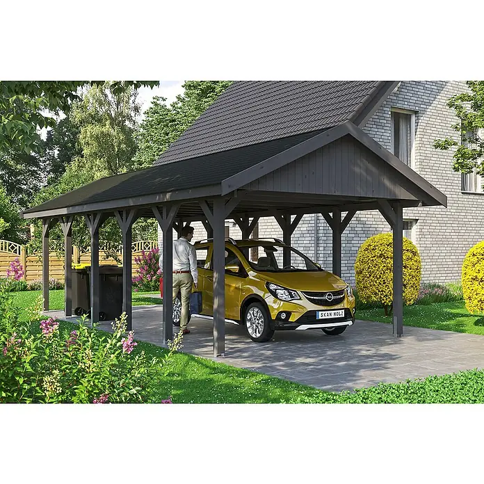 Skan Holz Carport Wallgau - L x B: 900 x 430 cm, Einfahrtshöhe: 215 cm, Schiefergrau, Schwarze Bitumenschindeln - Stimmungsaufnahme