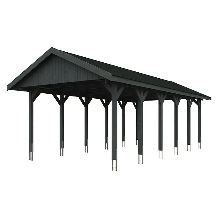 Skan Holz Carport Wallgau - L x B: 900 x 430 cm, Einfahrtshöhe: 215 cm, Schiefergrau, Schwarze Bitumenschindeln - Diagonale Ansicht