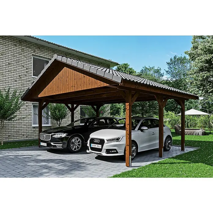 Skan Holz Doppelcarport Wallgau - L x B: 500 x 620 cm, Einfahrtshöhe: 215 cm, Nussbaum, Dachlatten zur Eindeckung mit Dachziegeln - Anwendungsbeispiel