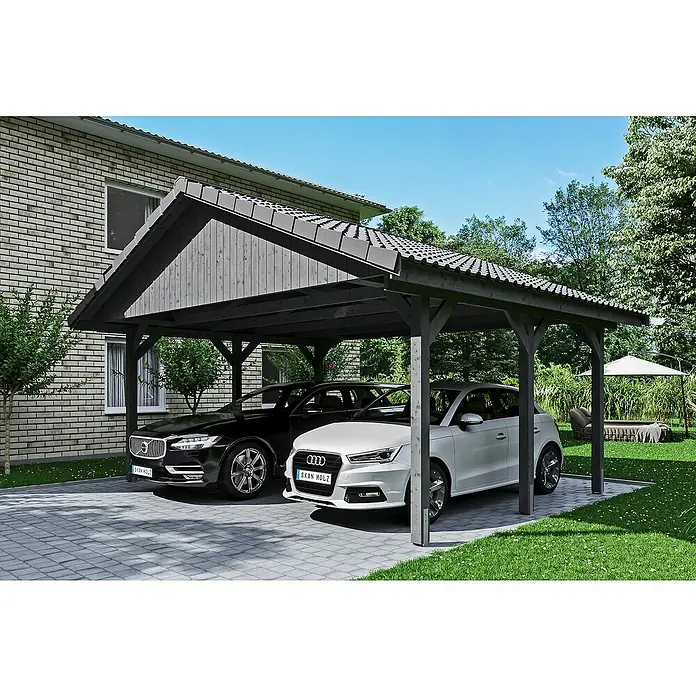 Skan Holz Doppelcarport Wallgau - L x B: 500 x 620 cm, Einfahrtshöhe: 215 cm, Schiefergrau, Dachlatten zur Eindeckung mit Dachziegeln - Anwendungsbeispiel