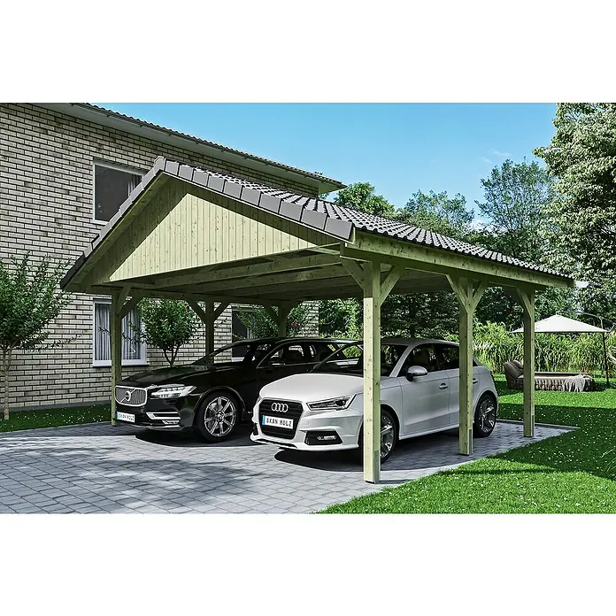Skan Holz Doppelcarport Wallgau - L x B: 500 x 620 cm, Einfahrtshöhe: 215 cm, Grün, Dachlatten zur Eindeckung mit Dachziegeln - Anwendungsbeispiel