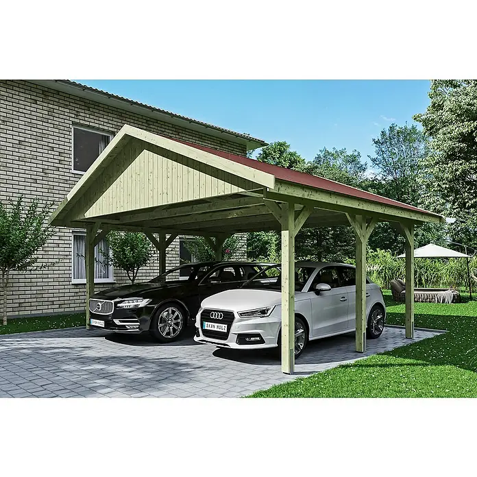 Skan Holz Doppelcarport Wallgau - L x B: 500 x 620 cm, Einfahrtshöhe: 215 cm, Farbe Dach: Rot - Anwendungsbeispiel
