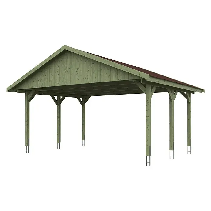 Skan Holz Doppelcarport Wallgau - L x B: 500 x 620 cm, Einfahrtshöhe: 215 cm, Farbe Dach: Rot - Diagonale Ansicht