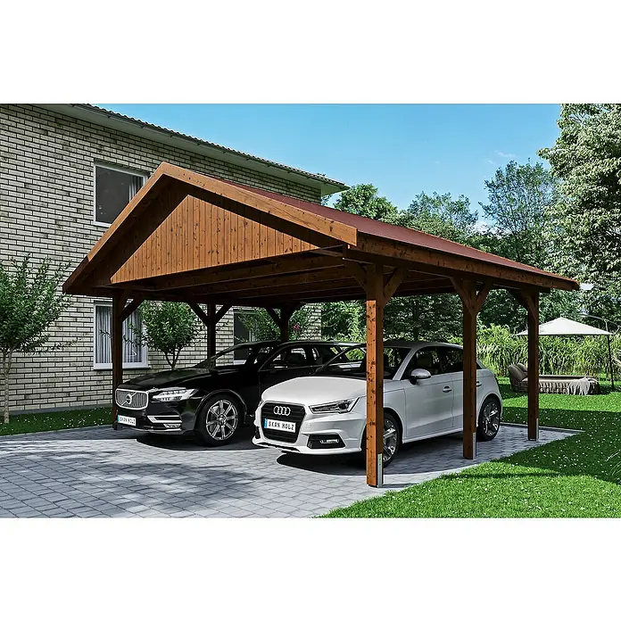 Skan Holz Doppelcarport Wallgau - L x B: 500 x 620 cm, Einfahrtshöhe: 215 cm, Nussbaum, Rote Bitumenschindeln - Anwendungsbeispiel
