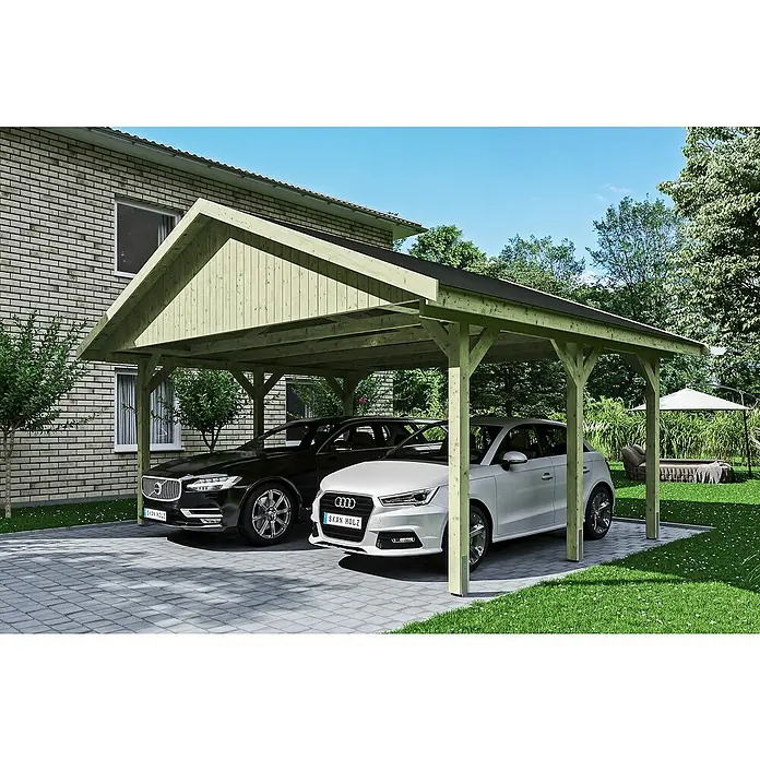 Skan Holz Doppelcarport Wallgau - L x B: 500 x 620 cm, Einfahrtshöhe: 215 cm, Farbe Dach: Schwarz - Anwendungsbeispiel