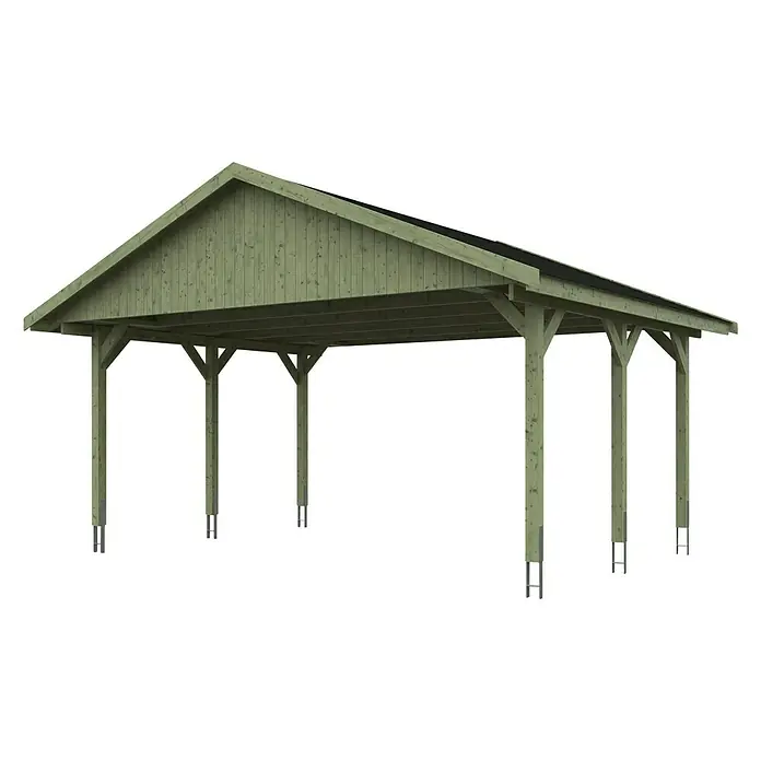 Skan Holz Doppelcarport Wallgau - L x B: 500 x 620 cm, Einfahrtshöhe: 215 cm, Farbe Dach: Schwarz - Diagonale Ansicht