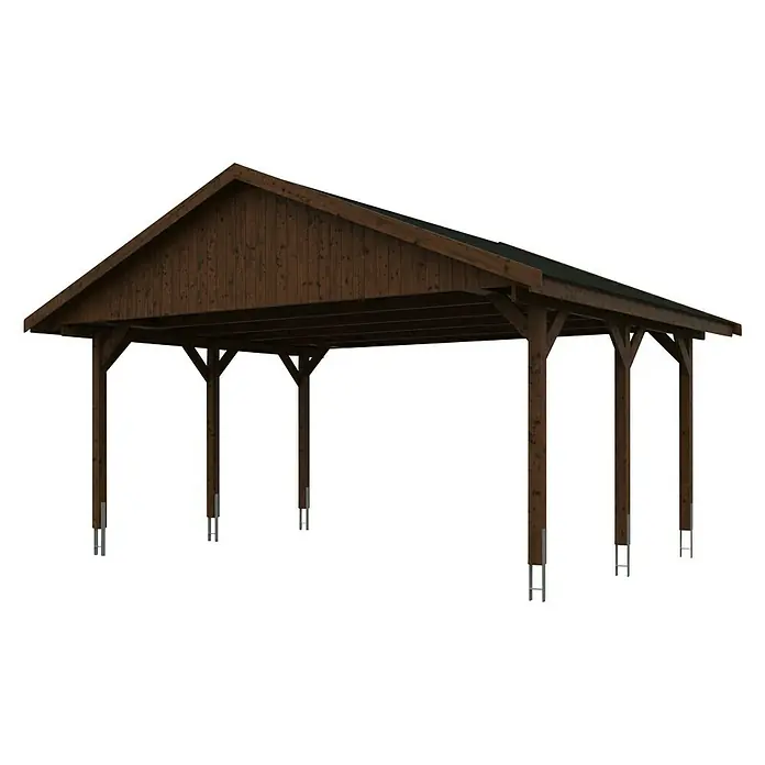 Skan Holz Doppelcarport Wallgau - L x B: 500 x 620 cm, Einfahrtshöhe: 215 cm, Nussbaum, Schwarze Bitumenschindeln - Diagonale Ansicht
