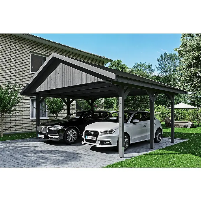 Skan Holz Doppelcarport Wallgau - L x B: 500 x 620 cm, Einfahrtshöhe: 215 cm, Schiefergrau, Schwarze Bitumenschindeln - Anwendungsbeispiel