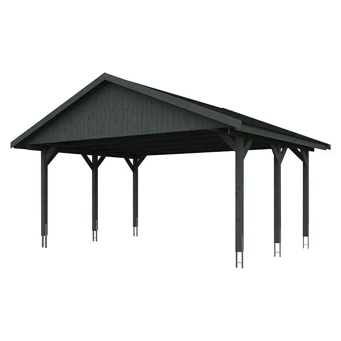 Skan Holz Doppelcarport Wallgau - L x B: 500 x 620 cm, Einfahrtshöhe: 215 cm, Schiefergrau, Schwarze Bitumenschindeln - Diagonale Ansicht