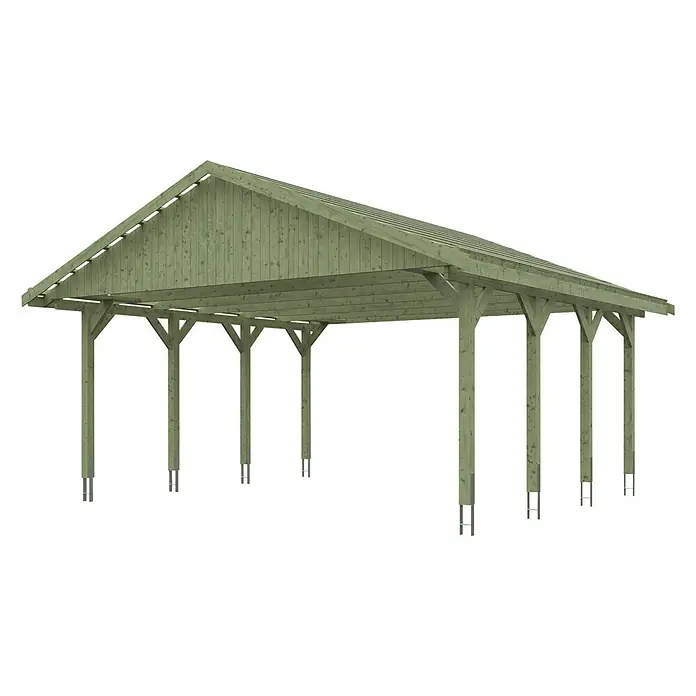 Skan Holz Doppelcarport Wallgau - L x B: 600 x 620 cm, Einfahrtshöhe: 215 cm, Grün, Dachlatten zur Eindeckung mit Dachziegeln - Diagonale Ansicht