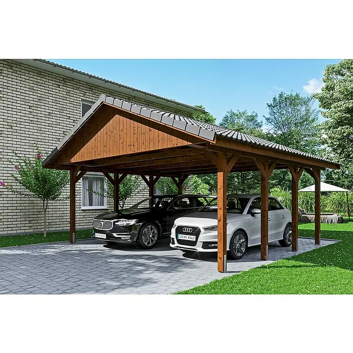 Skan Holz Doppelcarport Wallgau - L x B: 600 x 620 cm, Einfahrtshöhe: 215 cm, Nussbaum, Dachlatten zur Eindeckung mit Dachziegeln - Anwendungsbeispiel