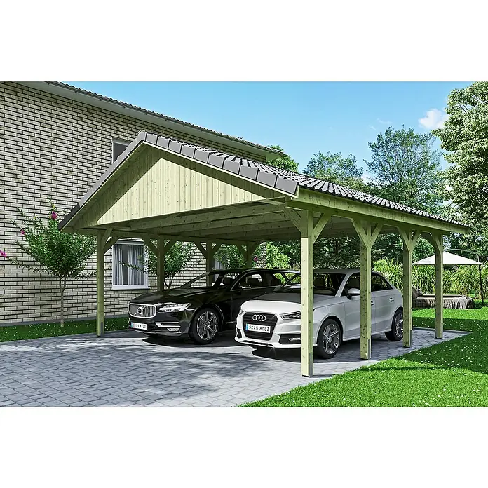 Skan Holz Doppelcarport Wallgau - L x B: 600 x 620 cm, Einfahrtshöhe: 215 cm, Grün, Dachlatten zur Eindeckung mit Dachziegeln - Anwendungsbeispiel