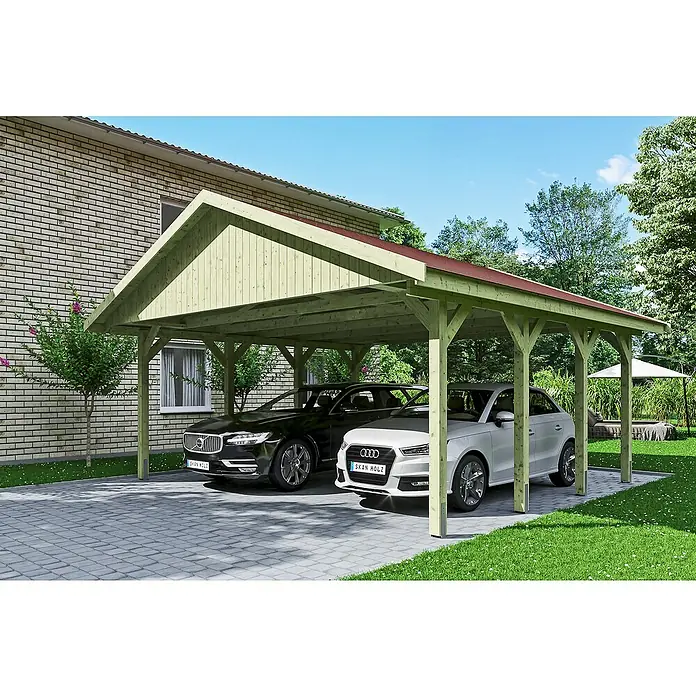 Skan Holz Carport Wallgau - L x B: 600 x 620 cm, Einfahrtshöhe: 215 cm, Farbe Dach: Rot - Anwendungsbeispiel