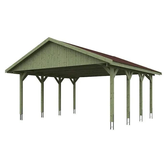 Skan Holz Carport Wallgau - L x B: 600 x 620 cm, Einfahrtshöhe: 215 cm, Farbe Dach: Rot - Diagonale Ansicht